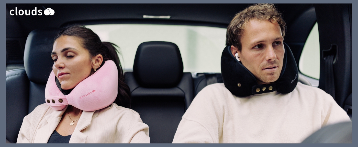 Подорожня подушка для шиї CLOUDS з ефектом пам'яті (Memory Foam) для літака та авто, регульована, дихаюча тканина, розмір S/M, чорна