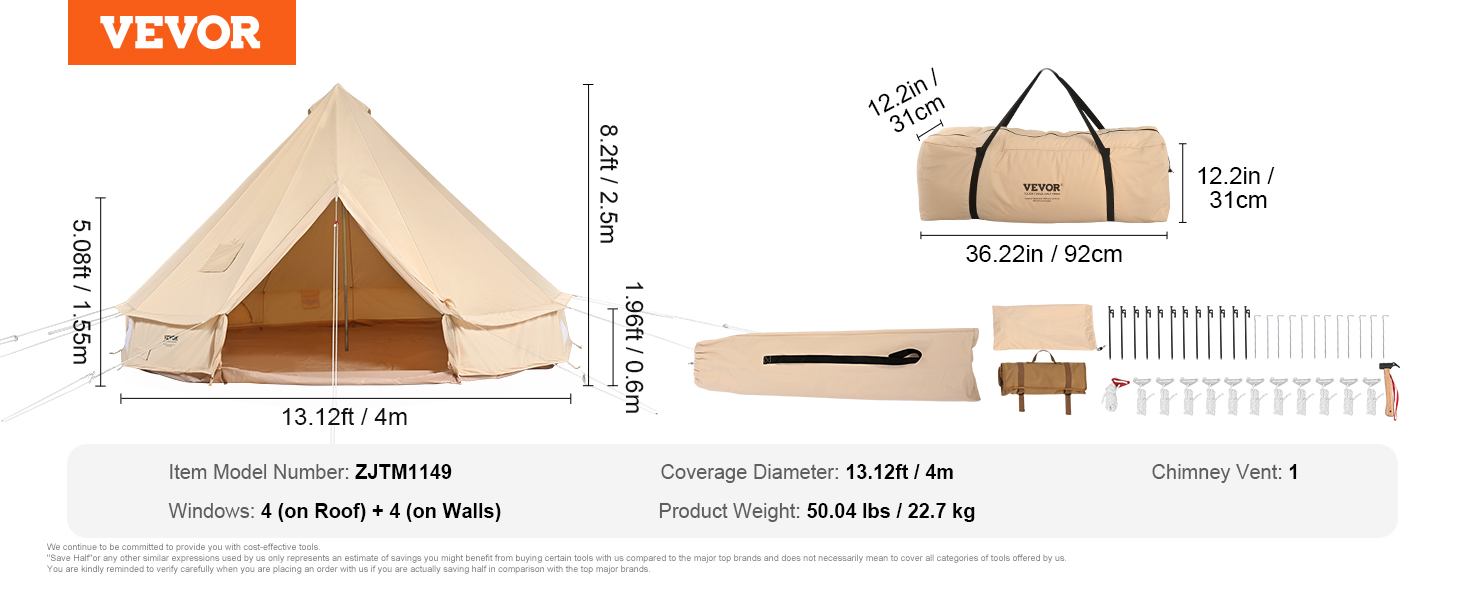 Намет-юрту VEVOR Glockenzelt 3-7м, бавовна TC, для 6-12 осіб, з PVC підлогою, кемпінговий намет