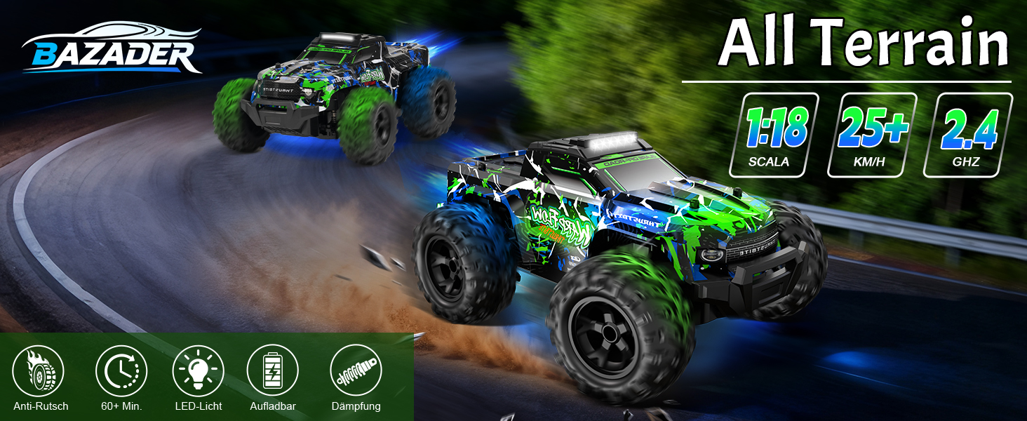 Радіокерований позашляховик BAZADER 1:18 з LED підсвіткою та розпилювачем води, 25 км/год, 2.4 ГГц, зелений - для хлопчиків від 4 років
