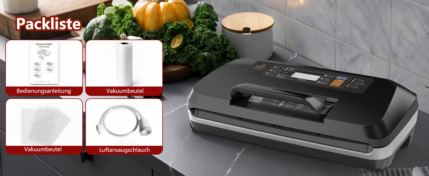 Вакууматор для продуктів 12-в-1, вакуумний пакувальник з подвійним швом, вбудованим різаком та лотком для збору рідини, 95кПа, чорний