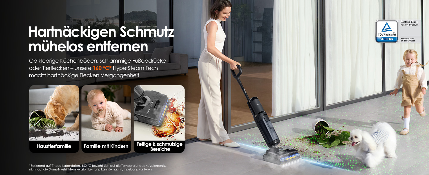 Tineco Floor One S7 Stretch Steam: Акумуляторний пилосос 2-в-1 для вологого та сухого прибирання, 22000 Па, для твердих підлог, шерсті тварин
