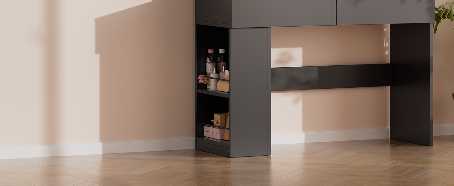 Великий туалетний столик Airfish з підсвічуванням 108x40 см, з дзеркалом та полицями, 2 шухляди, регульована яскравість, 3 кольори, для спальні/вітальні (білий туалетний столик) (чорний туалетний столик)