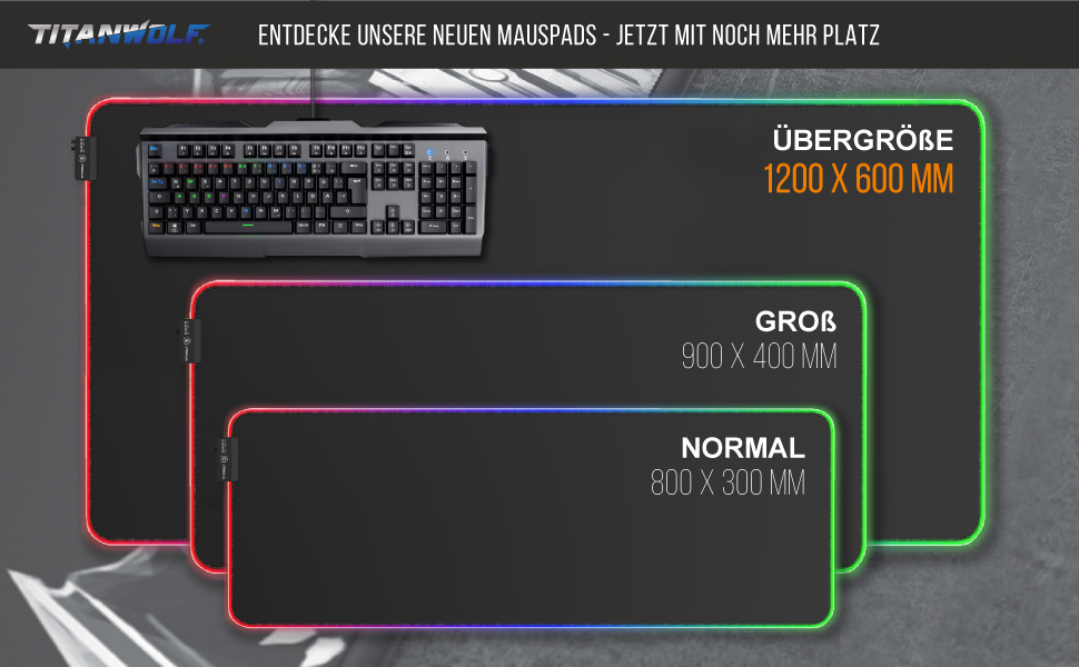 TITANWOLF XXXL RGB килимок для миші – 1200 x 600 мм, LED, 7 кольорів, 4 режими, для геймінгу, гумова основа, миється