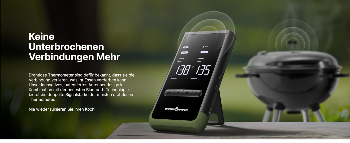 Розумний бездротовий термометр для м'яса ThermoMaven з базовою станцією, Bluetooth та Wi-Fi, 2 щупи, 6 сенсорів, NIST-сертифікований, для смокера, духовки та BBQ, колір авакадо