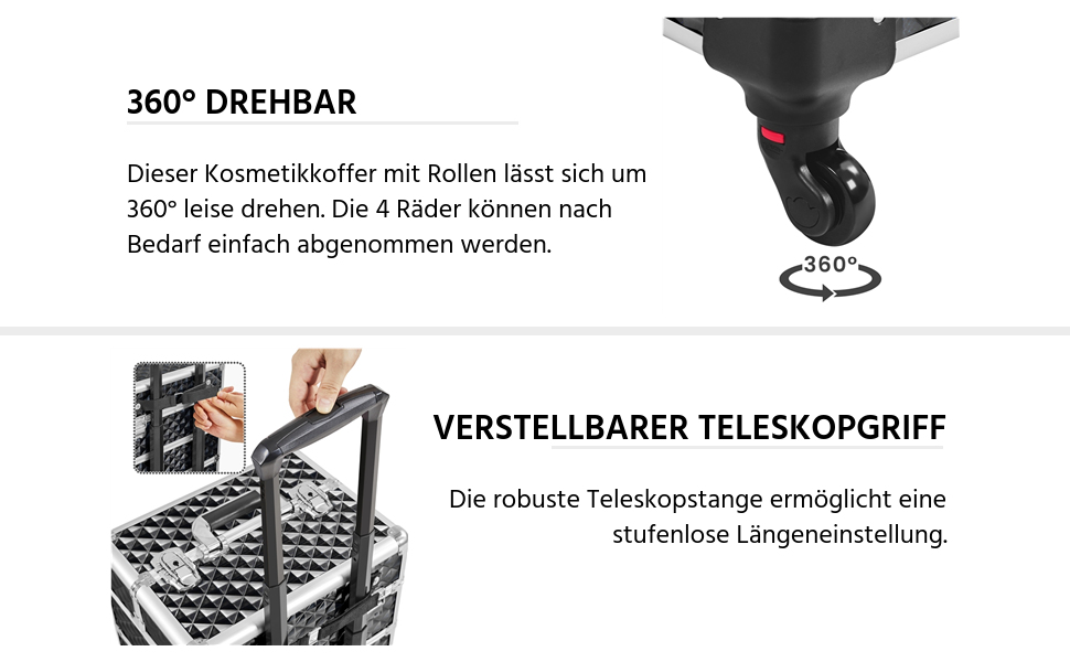 Ягетеч Косметичка-Тролі 4-в-1, Великий Косметичний Ящик для Макіяжу, Закривається на Замок, Багатофункціональний Ящик для Візажистів, Красота з Коліщатками та Висувною Шухлядою (Блискучий Чорний)