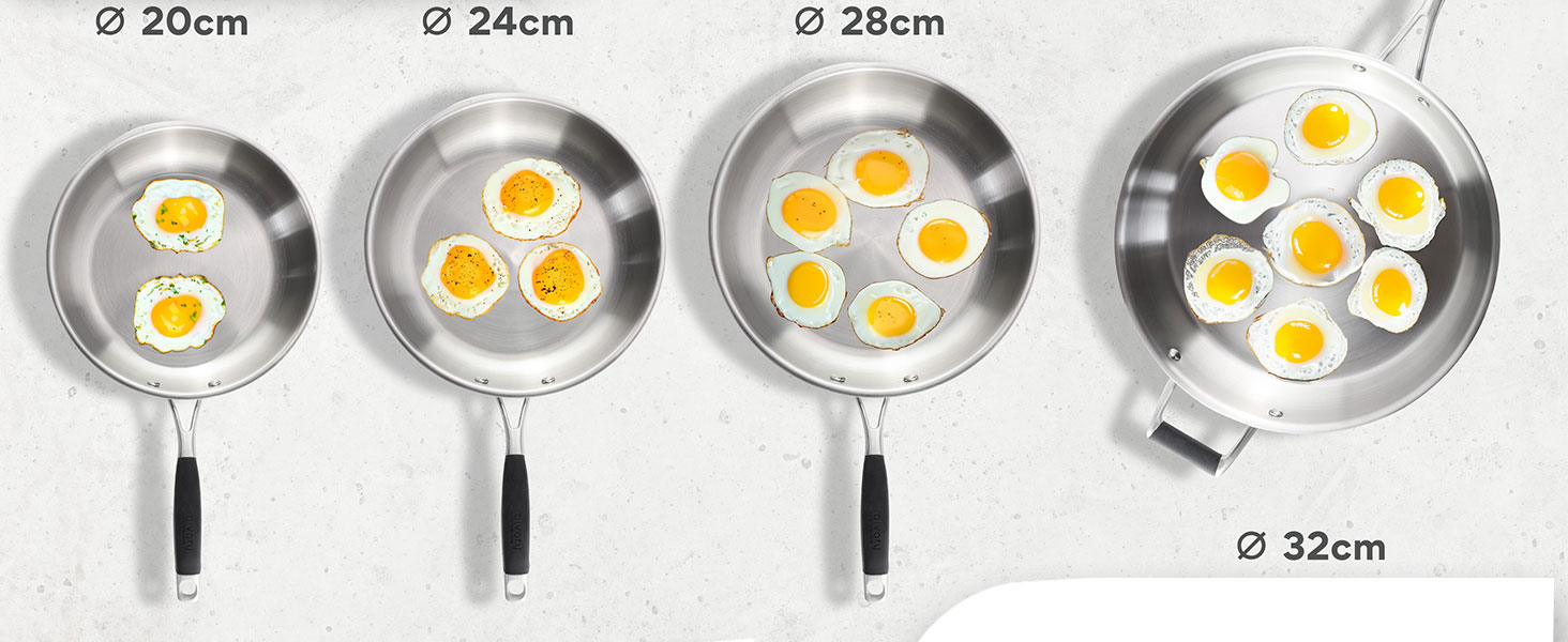 Набір сковорідок з нержавіючої сталі PURA 20, 24, 28 см – без покриття PTFE/PFOA, для індукції та всіх плит