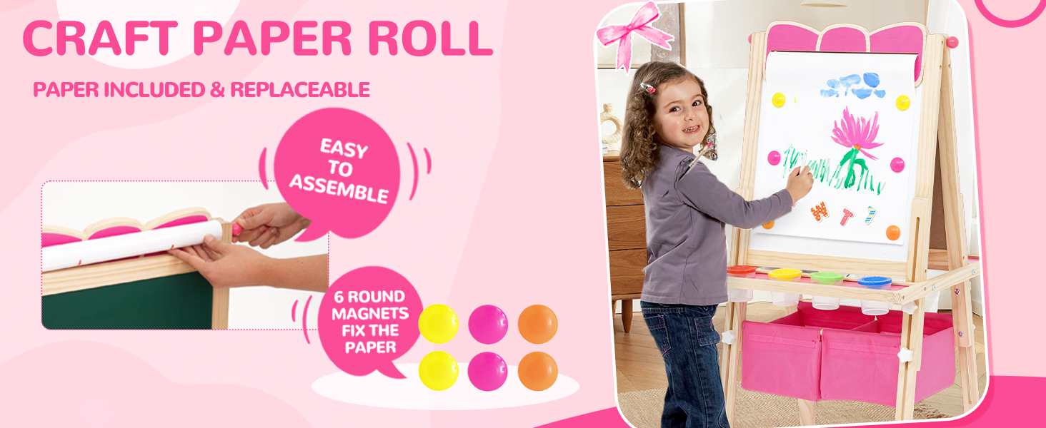 Дерев'яна мольберт Kinder Tafel з паперовою рулонкою, регульована висота, рожевий колір, двосторонній (whiteboard та дошка)