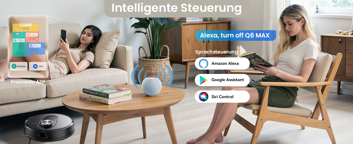 Робот-пилосос Proscenic Q8 Max+ з функцією миття, 8000Pa, 200хв, док-станція для самоочищення, 3л, лазерна навігація, керування через додаток, сумісність з Alexa, Google, Siri, чорний