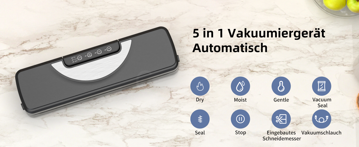 Вакууматор 5 в 1 для продуктів з вбудованим різаком та функцією Sous Vide, вакуумний пакувальник з набором пакетів та шлангом, чорний