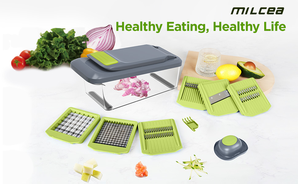 Ручний овочевий слайсер-мандоліна з 6 лезами та контейнером 3.3L - професійний овочевий слайсер з захистом рук, багатофункціональний, для слайсів, жульєну та подрібнення цибулі, чорно-зелений