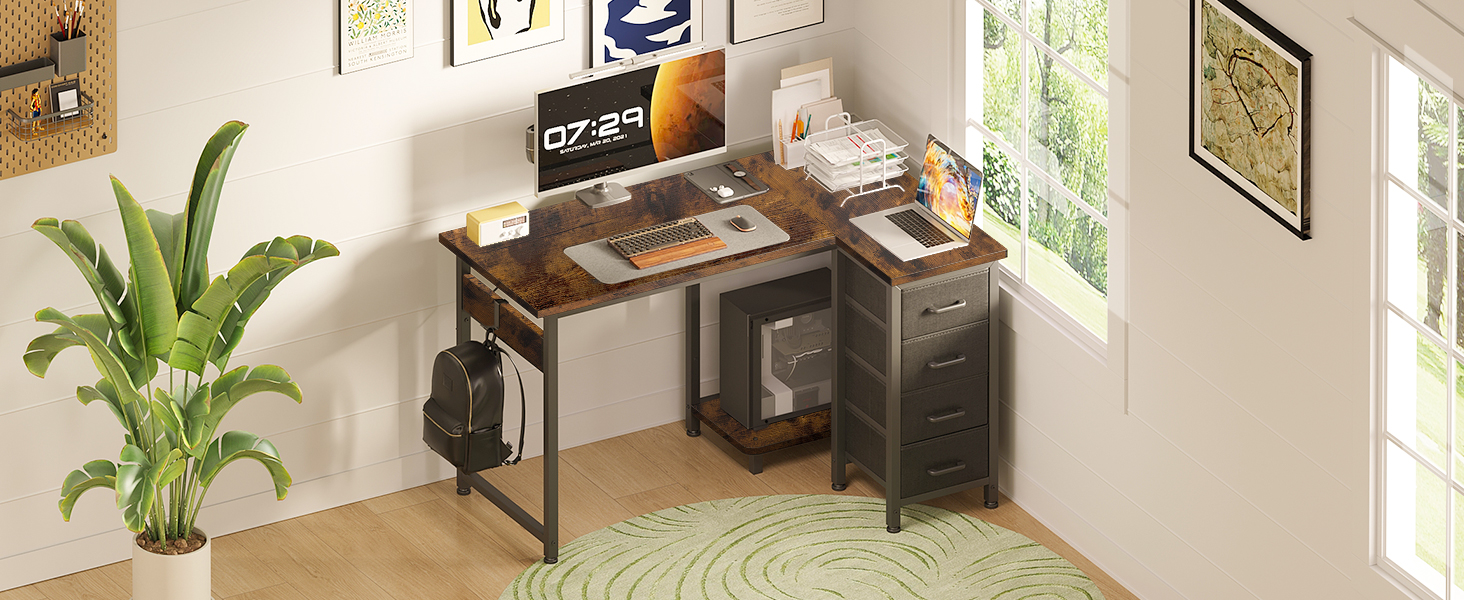 Комп'ютерний стіл Coleshome L-подібний, 120x70 см, 4 шухляди, для офісу/кабінету/спальні, вінтажний коричневий