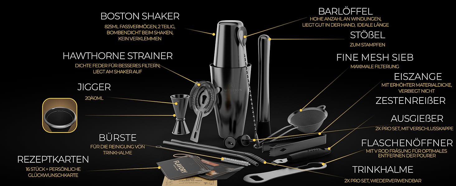Коктейльний набір Schwarz 14 предметів: шейкер Бостон 825 мл, аксесуари для коктейлів, рецепти, професійний та початківець, подарунковий набір чорний