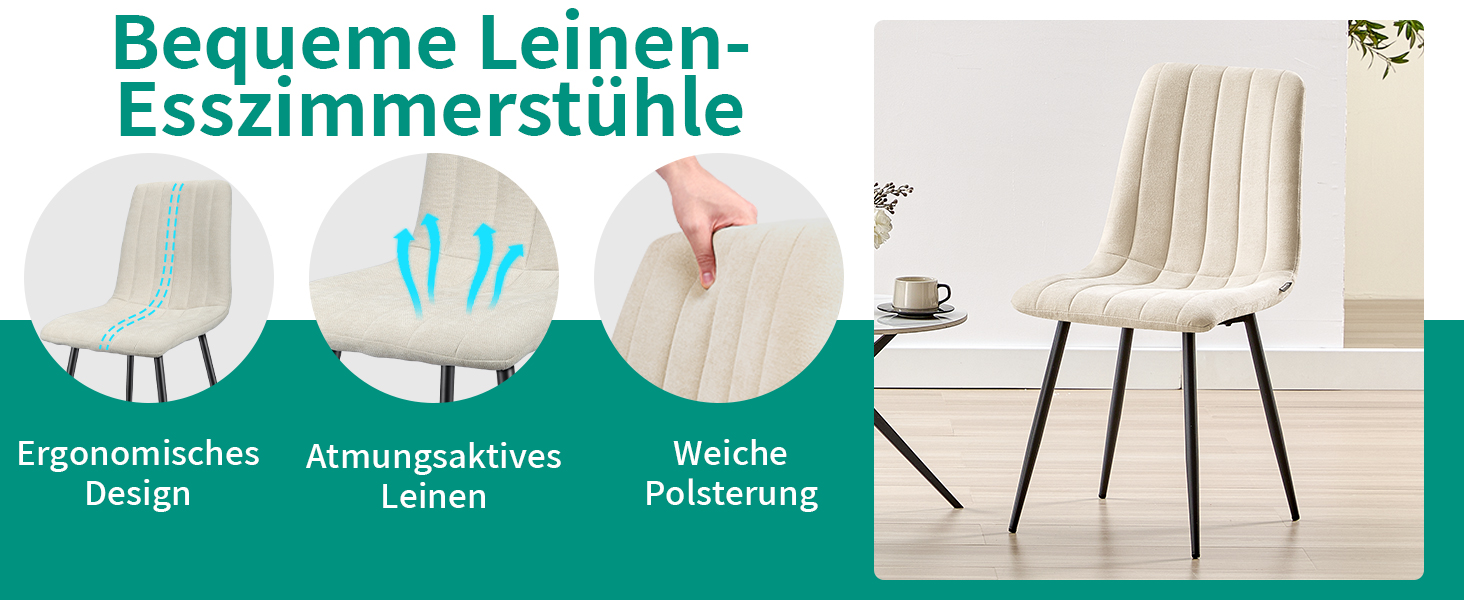 Набір обідніх стільців, м'які стільці з льоновим покриттям та чорними металевими ніжками, смугастий дизайн, для вітальні, кухні, спальні, ресепшну (2 шт., смугастий бежевий)