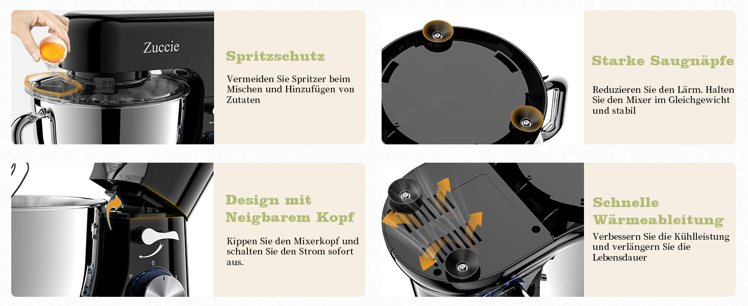 Кухонна машина Zuccie з тихою роботою, 5л чаша з нержавіючої сталі, 3 насадки, сплітц-захист, скребок для тіста та роздільник яєць, 8+P швидкості, для приготування тіста (білий/чорний)