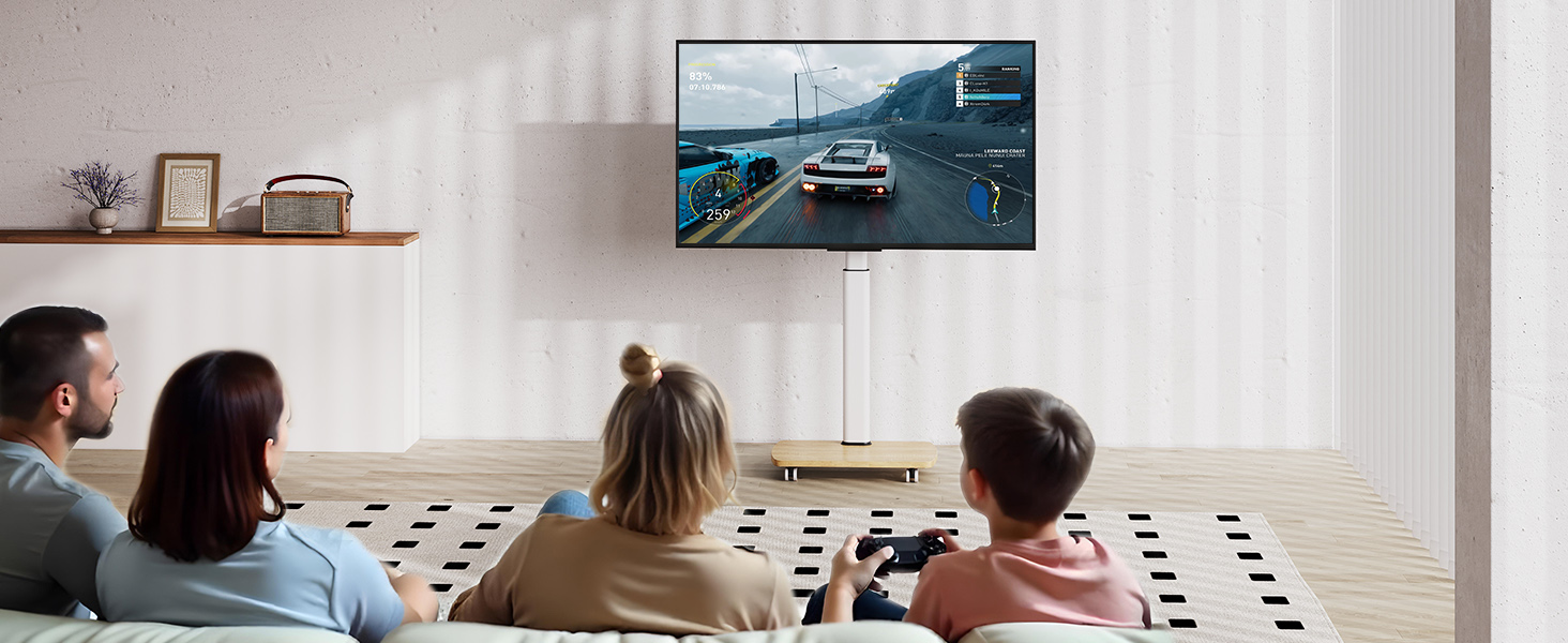 Підставка для телевізора на колесах з полицею, для телевізорів 32-65 дюймів, до 35 кг, поворотна на 90°, регульована по висоті, VESA 400x400mm (Білий+Натуральний колір)