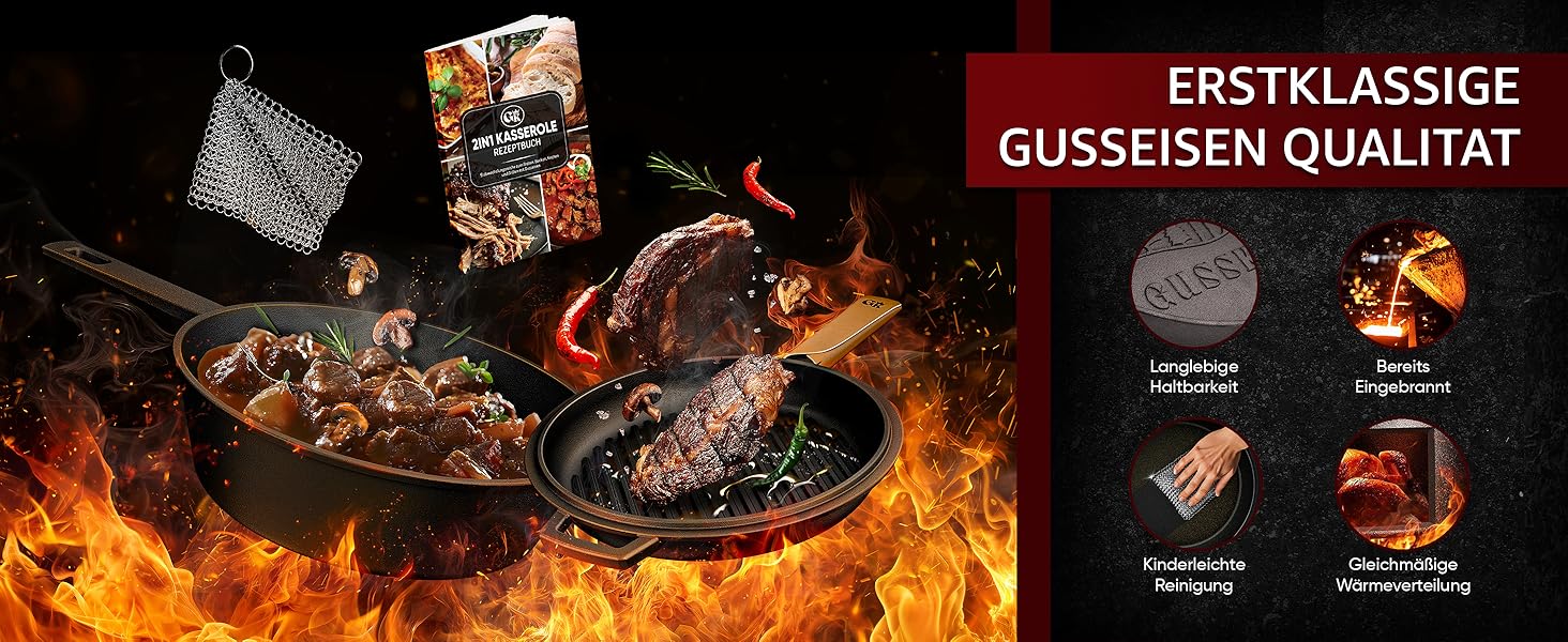 Нідерландський горщик 2в1 з чавуну 4.8л & сковорода з чавуну 1.8л - Набір нідерландського горщика з подвійною функцією - з кулінарною книгою та аксесуарами для барбекю, кемпінгу та кухні - 30 років гарантії (2в1 сковорода)