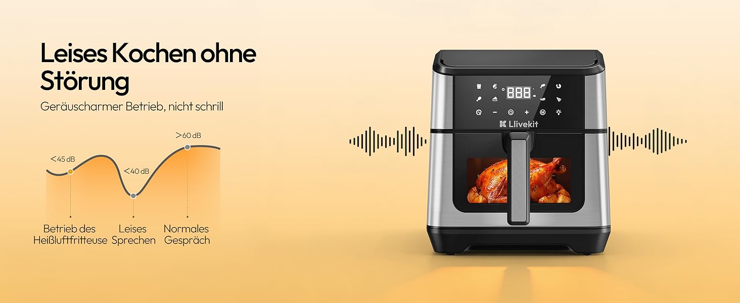 Аерофритюрниця LLIVEKIT з двома камерами та вікном перегляду, 8.5л (4.5л+4.5л), мультипіч 9-в-1 XXL без олії, сенсорне керування, таймер, чорно-срібляста