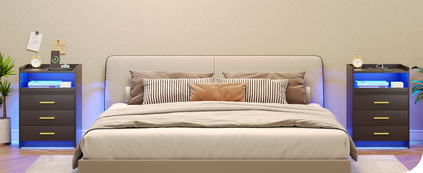 Нічний столик FREDEES з LED-підсвічуванням, ящиком, зарядкою та датчиком руху, сірий (2), чорний