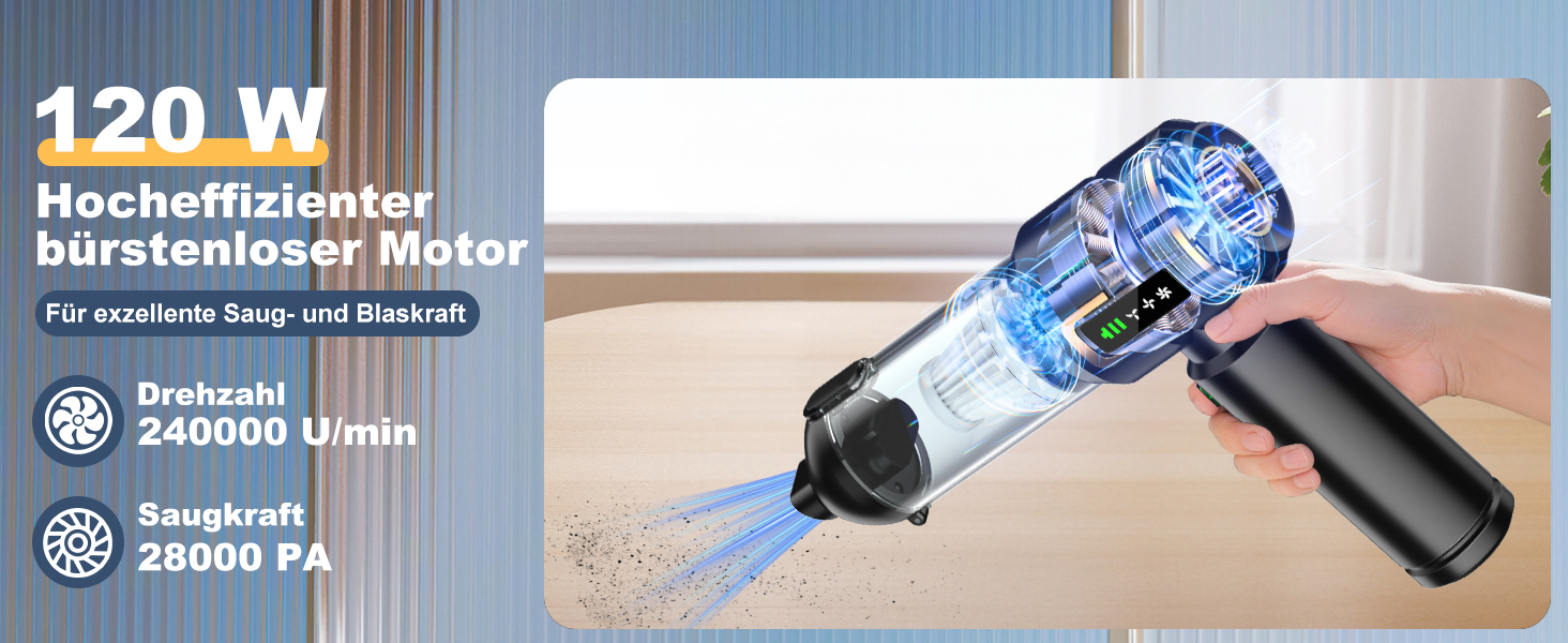 Акумуляторний ручний пилосос 4-в-1 для авто та дому з LCD-дисплеєм, потужність 28000Па, 3 режими роботи, бездротовий міні-пилосос від шерсті та пилу, чорний