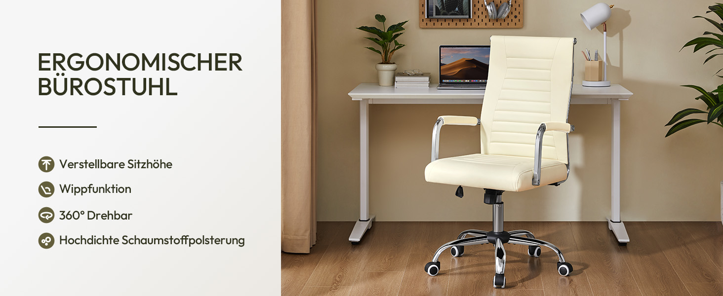 Офісний крісло Yaheetech з ергономічною спинкою та підлокітниками, для офісу та дому, до 136 кг, білий (бежевий)