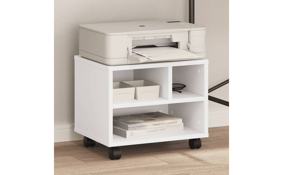 Підставка для принтера на колесах з місцем для зберігання, біла, з ДСП, для офісу та робочого кабінету