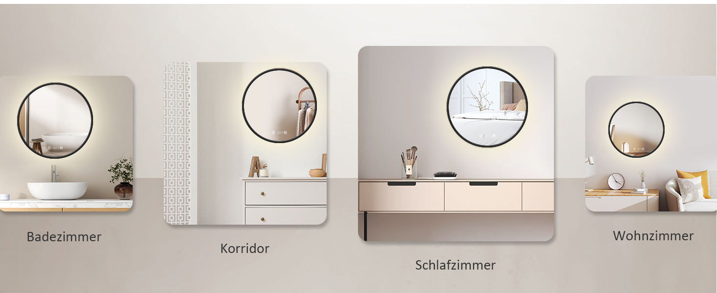 Круглий дзеркало для ванної кімнати EMKE з підсвічуванням 60 см – Чорний дзеркало з антизапарюванням, регулюванням яскравості, годинником, індикатором температури, сенсорним управлінням, функцією пам'яті, енергозберігаючий