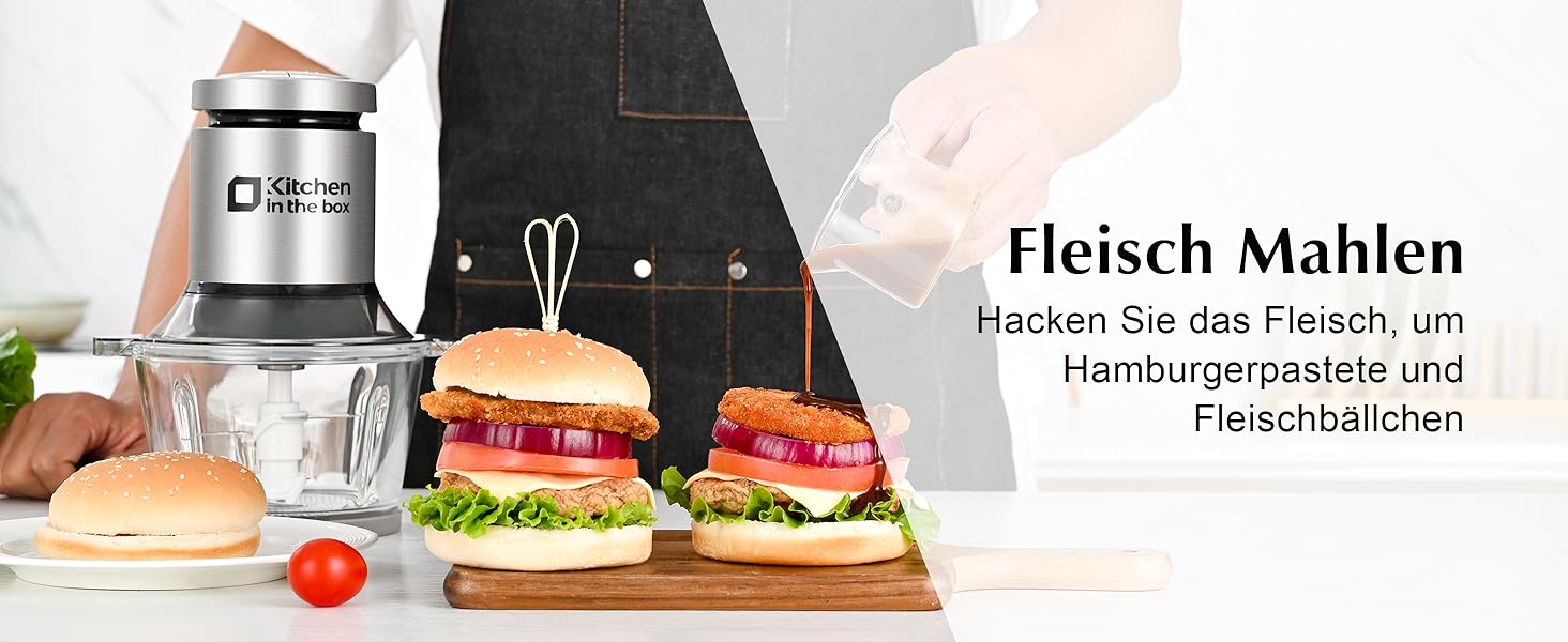 Електричний подрібнювач для кухні Kitchen in the Box 400W з 2 чашами (2L+2L) та двосторонніми лезами з нержавіючої сталі. Подрібнювач для м'яса, овочів, цибулі, фруктів срібного кольору.