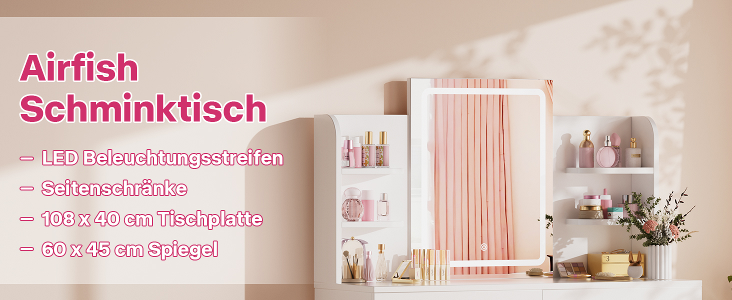 Трюмо Airfish з підсвічуванням 108x40 см: стіл для макіяжу з дзеркалом, 2 шухляди, 3 кольори, регулювання яскравості, для спальні/вітальні (білий)