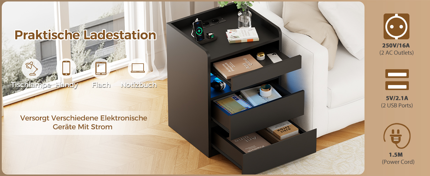 Нічний столик BEWISHOME 2 шт., з прихованою поличкою та розеткою, з функцією зарядки, для вітальні та спальні (чорний) EFCG02B