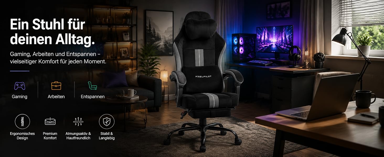 Ігрове крісло PixelPilot Ergonomic з підставкою для ніг, дихаюча тканина, підголівником та поперековою підтримкою, посилене до 150 кг, чорне