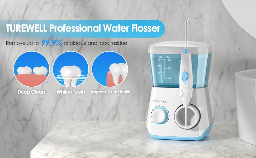 Електричний ірригатор для порожнини рота TUREWELL з 10 рівнями тиску та 8 насадками, IPX7, 600 мл, для дому (відбілювання)
