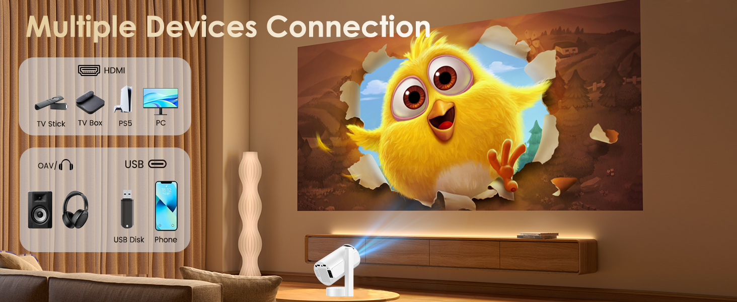 Портативний проєктор Mini Beamer 4K/1080p з Wi-Fi 6, Bluetooth 5.4, Android 13.0. Короткий фокус, поворот 270°, авто-корекція трапецеїдальних спотворень. Підтримка HDMI, TV Stick, Laptop, Memory Stick