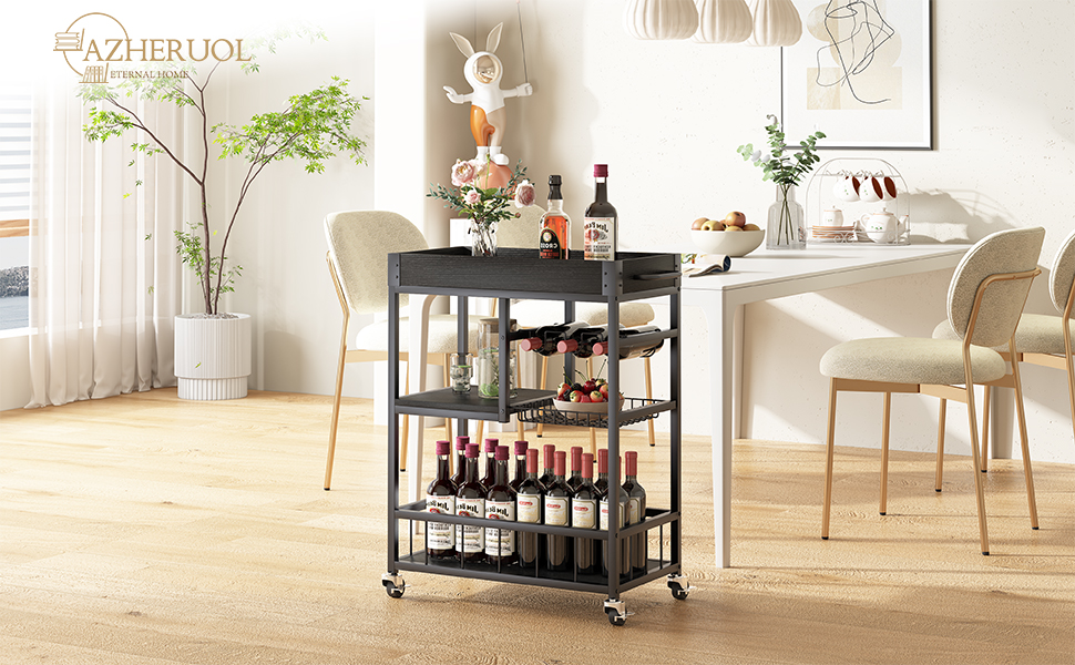 Сервізний візок Huhote з полицею для вина, барний візок, візок для напоїв, візок на колесах, візок для вина в їдальню, кухню, вітальню, бар, вечірку, з імітацією дерева (чорний, металевий кошик)