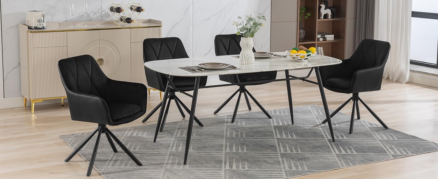 Обідні стільці Lestarain, поворотні, для кухні, спальні, вітальні, комплект з 4 шт. М'які, з підлокітниками та спинкою, на металевих ніжках, оксамит, чорний колір