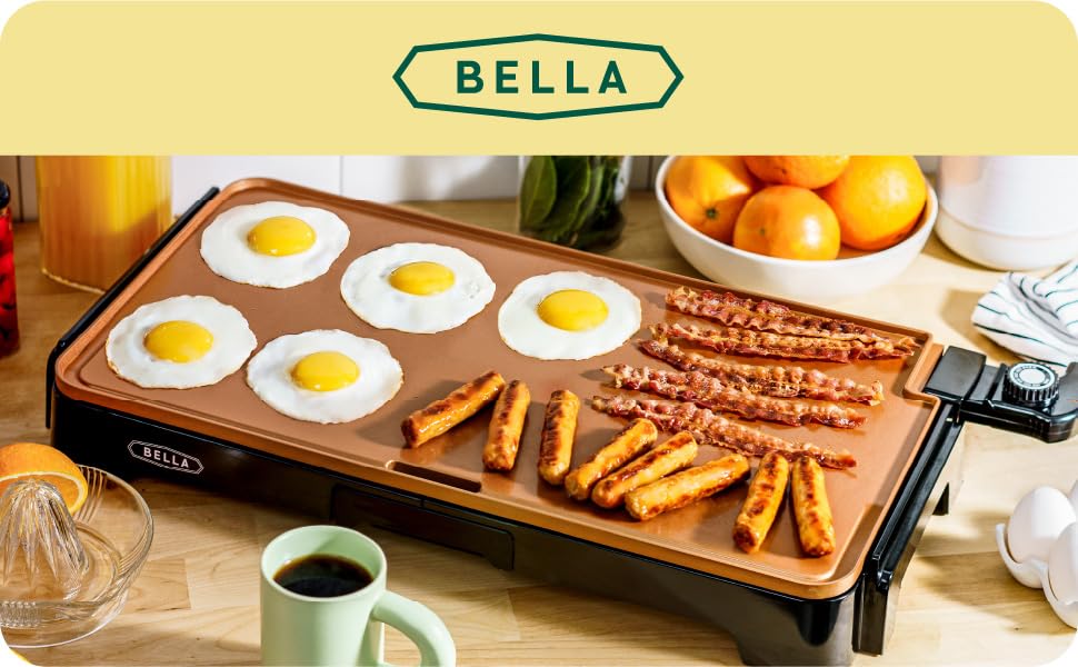 Електрична гриль-плита BELLA XL з керамічно-титановою поверхнею, для приготування 15 яєць одночасно, з антипригарним покриттям Healthy-Eco, легко миється, велика вмикаючася поверхня для приготування, 30,5 x 56 см, колір: мідний/чорний