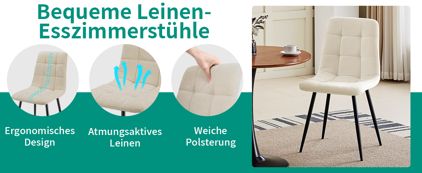 Набір з 4-х оббитих стільців для їдальні з металевими ніжками, льонова тканина, шаховий візерунок, для вітальні, спальні, кухні, лоджії, рецепції, бежевий колір