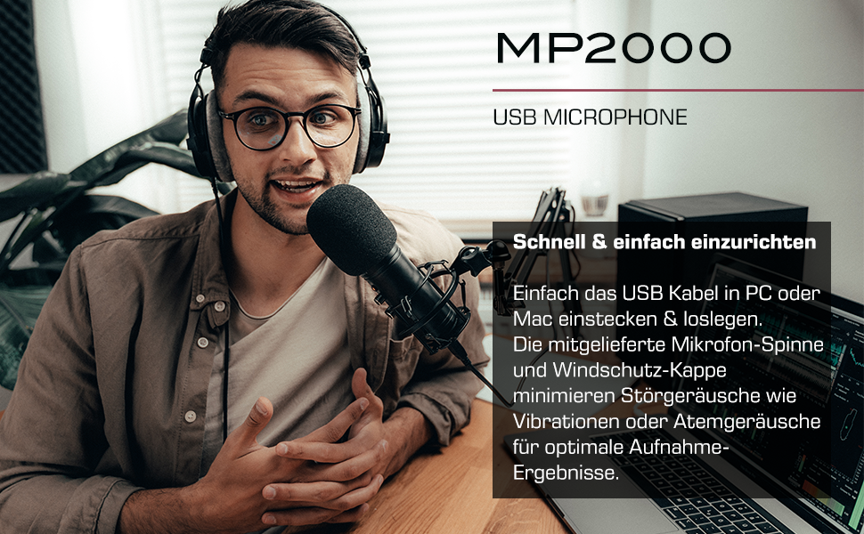 DOCKIN® MP2000: USB мікрофон для ПК, геймінгу, подкастів та стрімінгу. Якісний мікрофон з важким штативом для запису звуку. (130dB)
