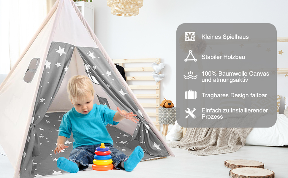 Дитяче намет-типі Camiraft сірого кольору, індійський намет-іграшка зі зірками для дітей, бавовняний намет для дівчаток та хлопчиків з сумкою, складаний дитячий домік для дому чи на вулицю