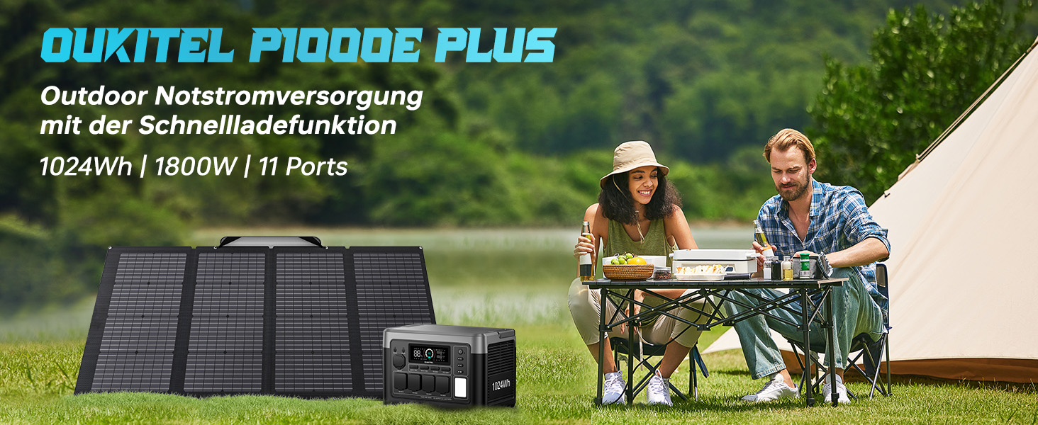 Портативна електростанція OUKITEL P1000E Plus 1024Wh LiFePO4 з сонячною панеллю, 4 виходи AC (3600W пік), 100W USB-C, UPS, для кемпінгу, RV, надзвичайних ситуацій