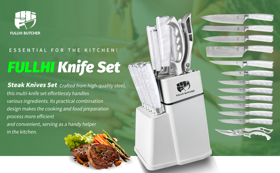 Набір кухонних ножів Fullhi 14 предметів у бруску з точилкою: кухонні ножі, ножі для стейку, багатокольорові ручки. Чудовий подарунок для чоловіків та жінок.