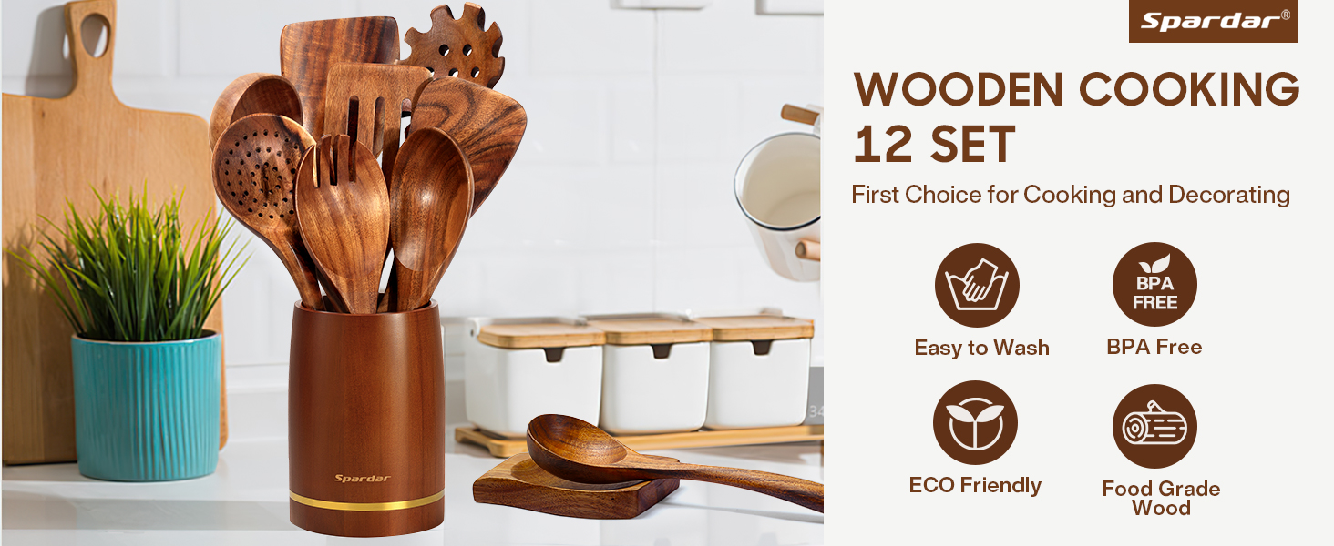 Набір кухонного приладдя Spardar з дерева, 12 шт: ложки, шумовки, підставка, рукавиці. Колір: помаранчевий, коричневий