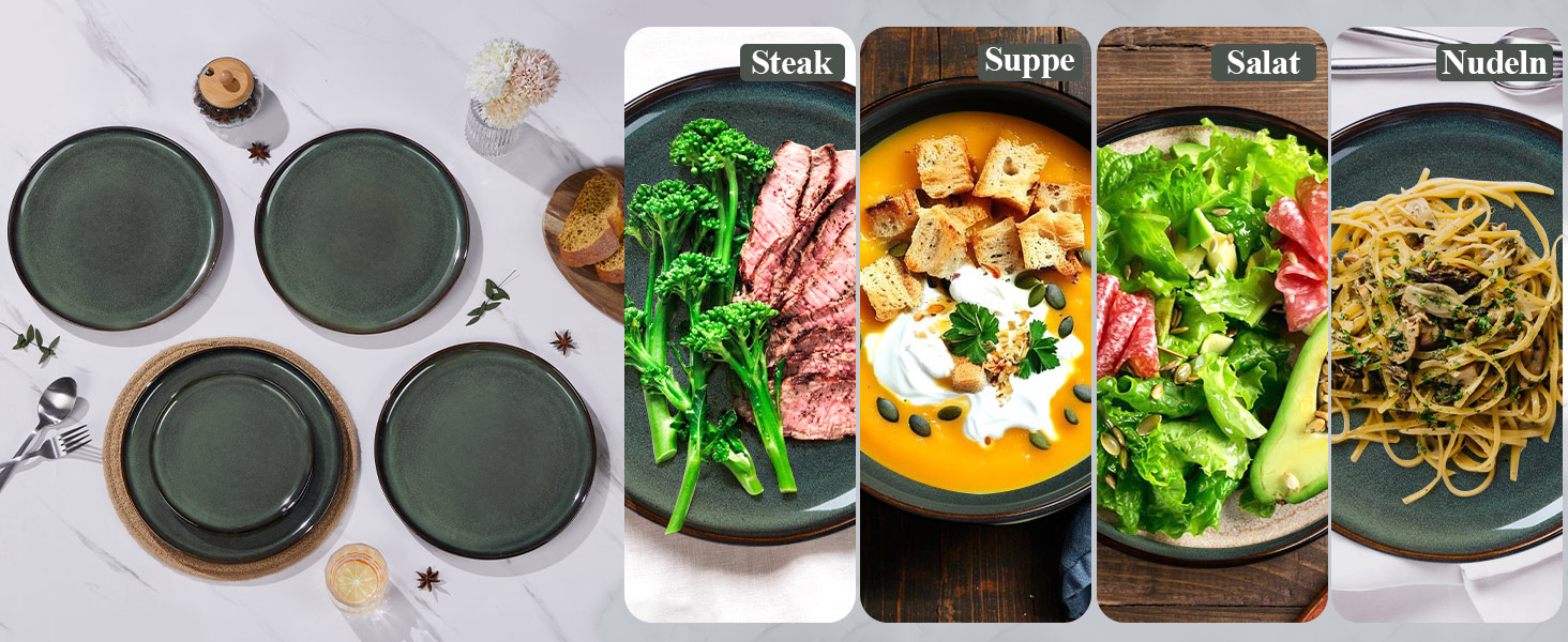 Набір посуду Joyfair на 6 осіб (18 предметів), кераміка, темно-зелений, для мікрохвильовки та посудомийної машини. Елегантний гладкий дизайн.