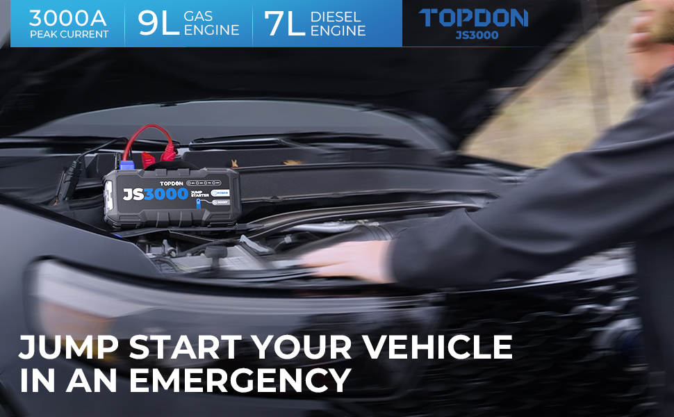 Бустерний пускач TOPDON JS3000 3000A, портативний Jump Starter для авто (бензин до 9л, дизель до 7л), Powerbank 24000mAh з LED-ліхтарем та чохлом