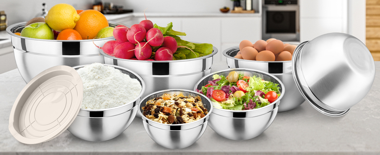 Набір мисок HaWare 7 шт. з нержавіючої сталі з кришками, 6.5/4.5/3/2.5/1.5/1.2/0.7L, для приготування, випікання, салатів, миття в посудомийній машині, Khaki/Нержавіюча сталь