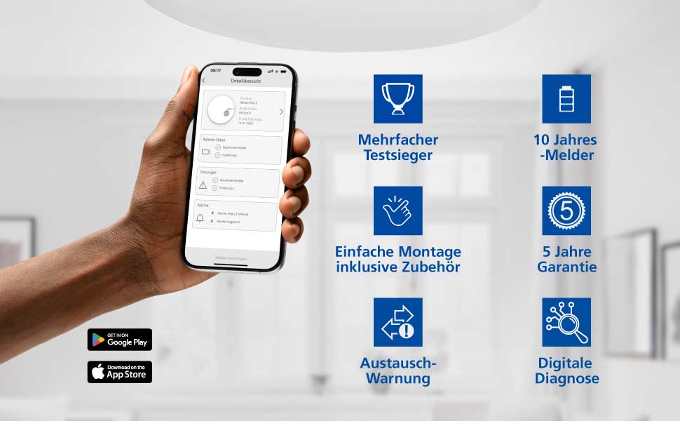Hekatron Genius Plus: Детектор диму з 10-річним терміном служби батареї, переможець Stiftung Warentest, Made in Germany, з клейкою підкладкою, з підтримкою додатку, багатомовний, 1 шт. (радіодетектор диму з радіомодулем)