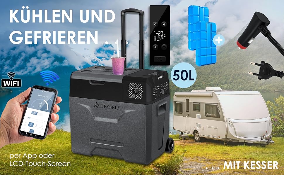 Електрична холодильна та морозильна камера KESSER® Kompressor, 50 літрів з керуванням через APP, USB, 12/24V/230V, телескопічна стійка, акумулятори холоду, колеса, охолодження до -20°C для авто, вантажівок, човнів, антрацит/чорний