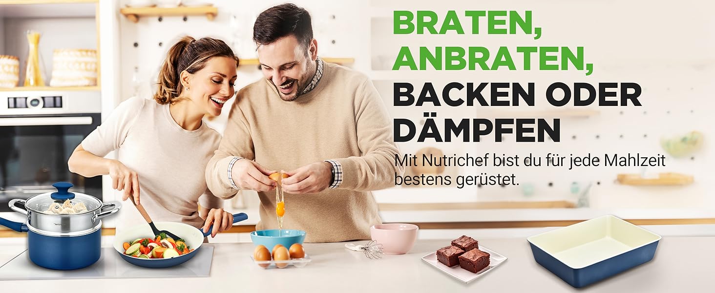 Набір посуду NutriChef 54 елементи: сковороди, каструлі, кухонні аксесуари, ножі, форми для випічки, для приготування здорової їжі (синій)