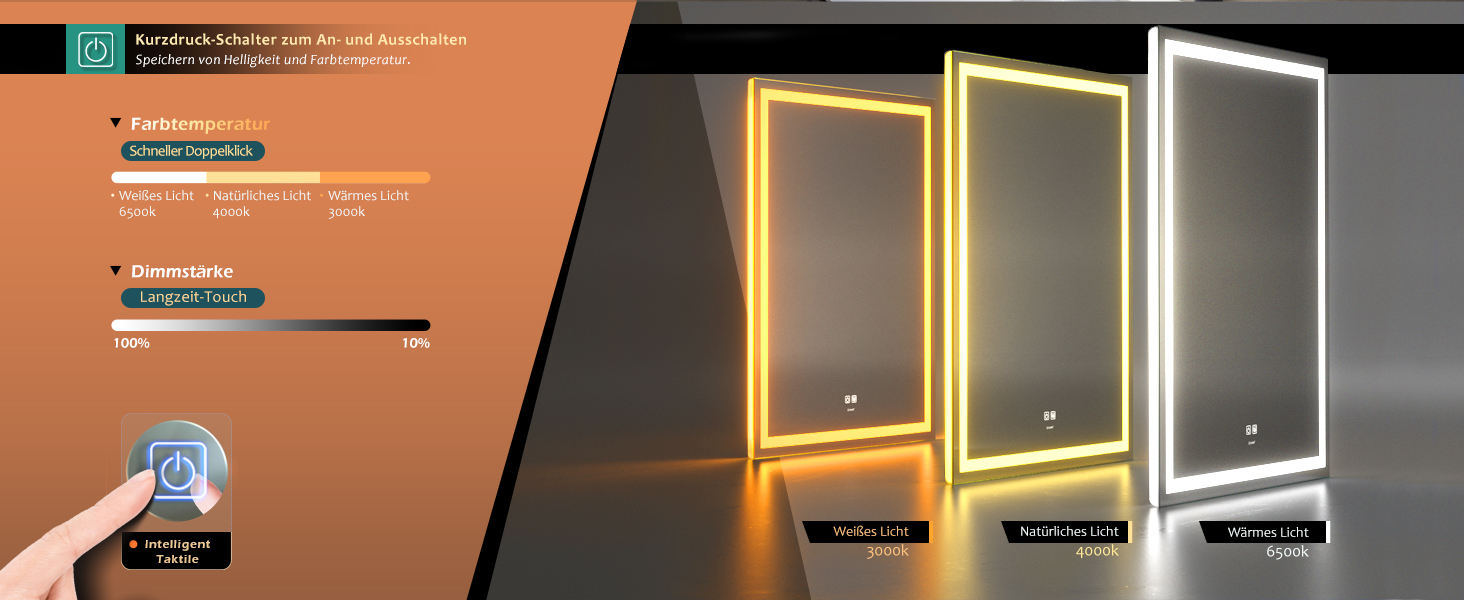 Дзеркало для ванної кімнати LED з підсвічуванням, комодне дзеркало для макіяжу, настінне, 6500K, антитуманне, IP44, 90 x 60 см