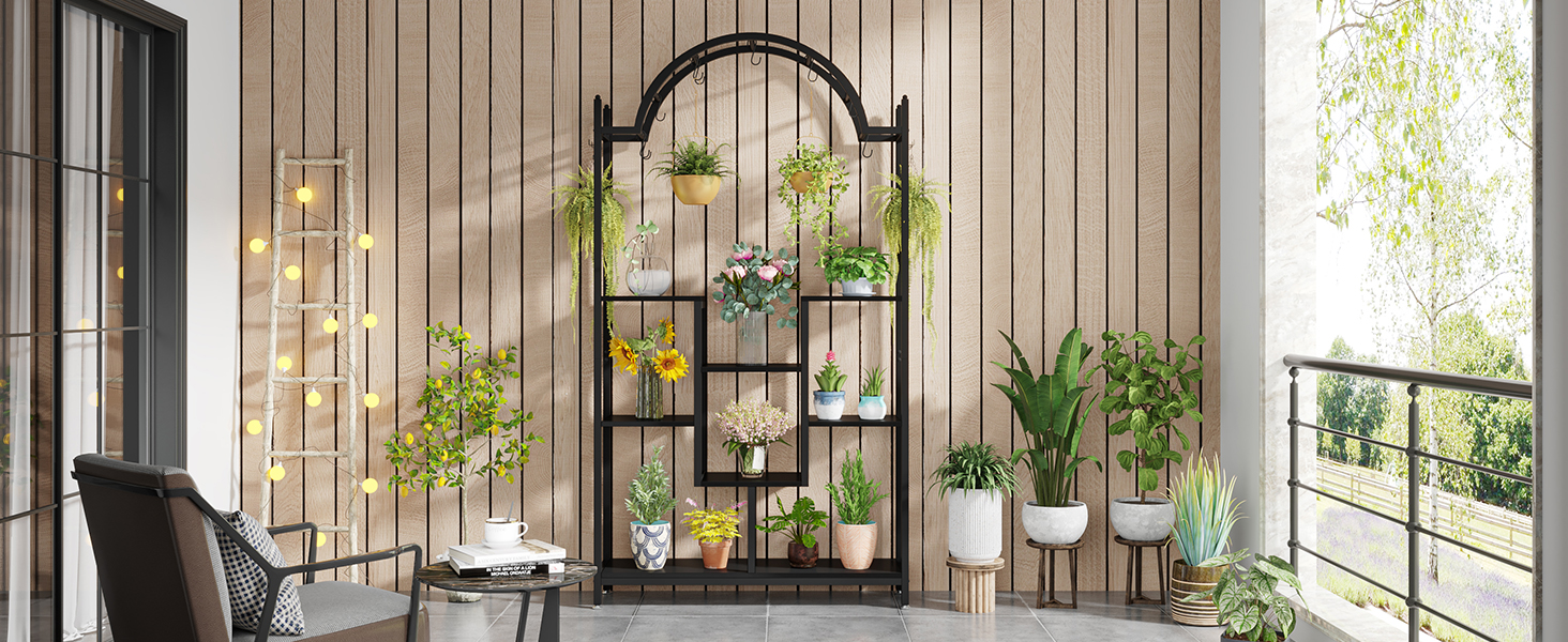 Плантатор Tribesigns з 5 полицями для дому, металева конструкція, полиці-арки з гачками, велика підставка для квіткових горщиків, для саду, балкону, вітальні, білий та сірий