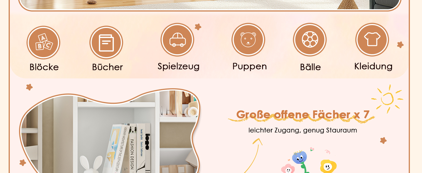 FOREHILL Дитяча полиця з 8 ящиками, дитячий шафчик, полиця для книг для дітей, органайзер для зберігання в дитячій кімнаті, меблі з іграшковою коробкою, 138,8 x 94,3 x 29,6 см, білий